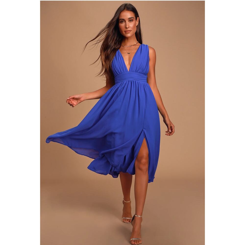 Lulus Dress Womens S Divine Dahlia Royal Blue Midi prom wedding formal cocktail - Picture 2 of 13